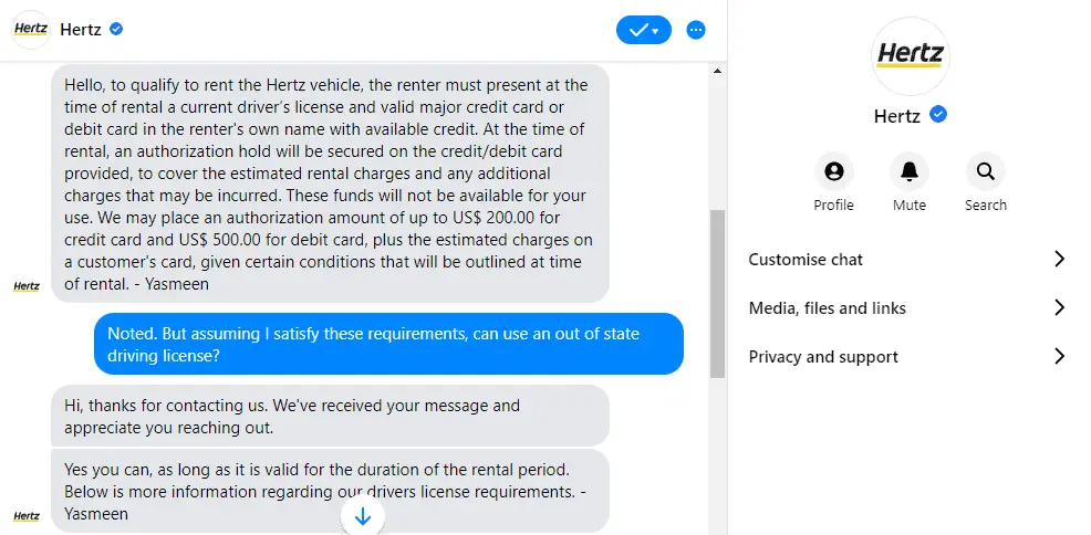 messaging hertz on whether they accept out of state license 2