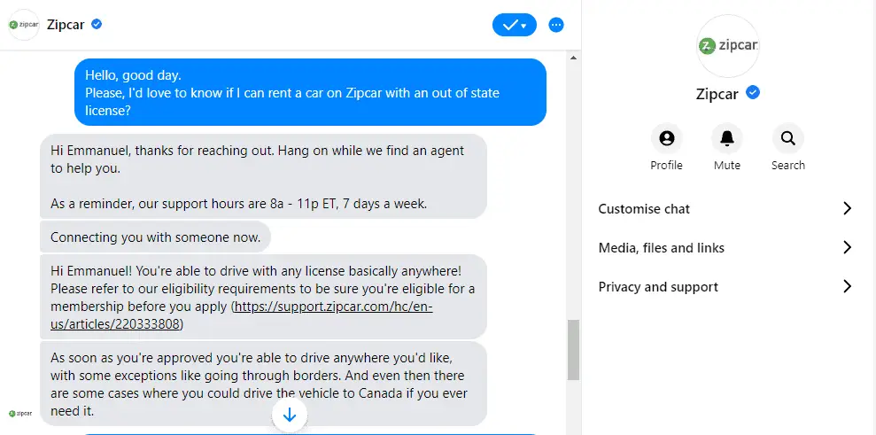 messaging zipcar on whether they accept out of state license -1
