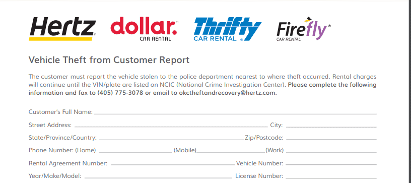 what happens if a rental car is stolen - thrifty, hertz, dollar, and firefly policy submission document